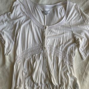 AE White Button Top w/ Crochet Details